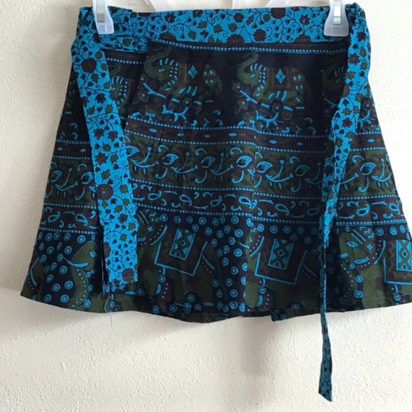 New Blue Green Elephant India new 100% cotton wrap SKIRT - Picture 4 of 4